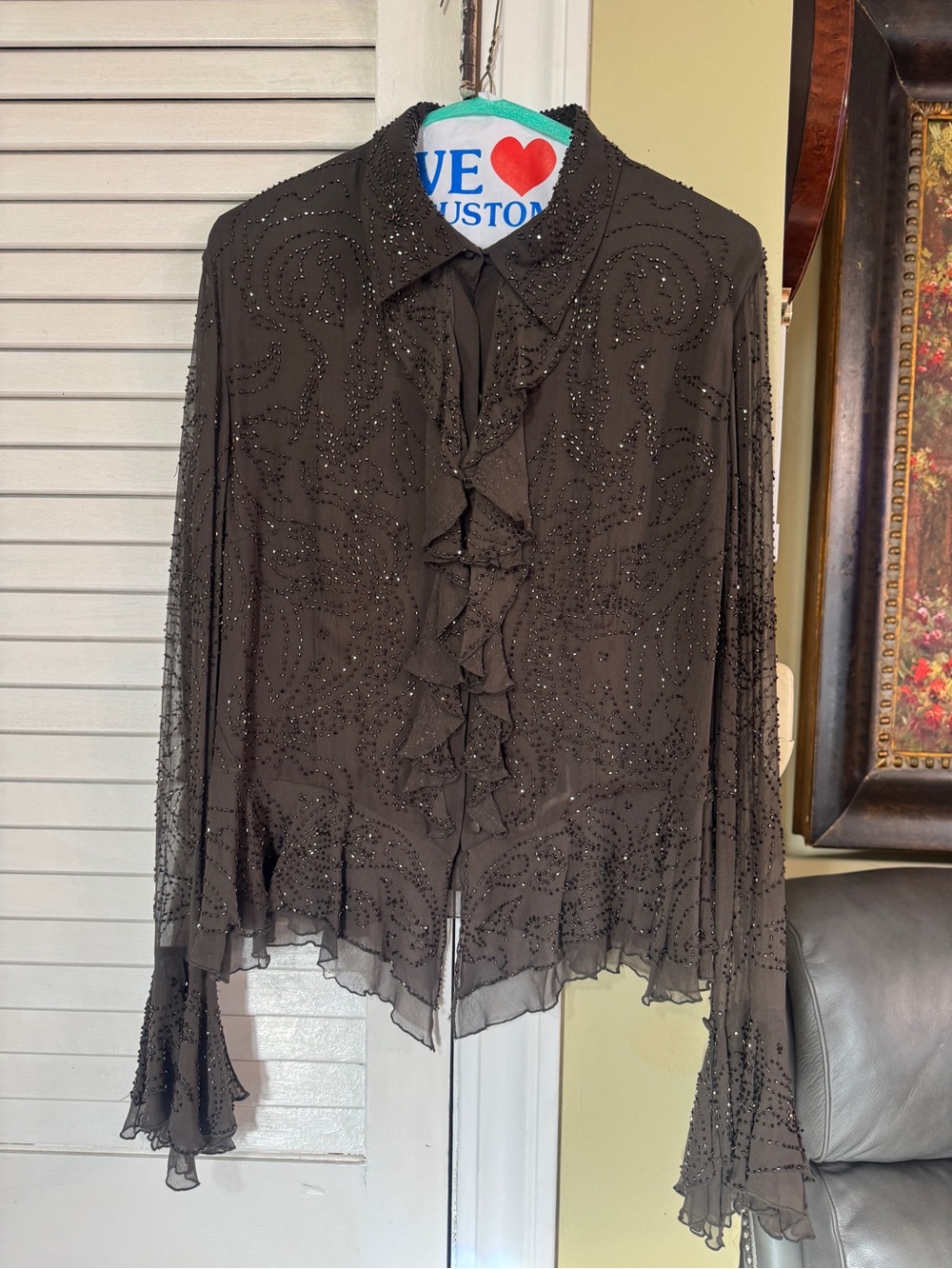 Women's Black Beaded Ruffle Front Button-Down Blouse - Picture 1 of 8